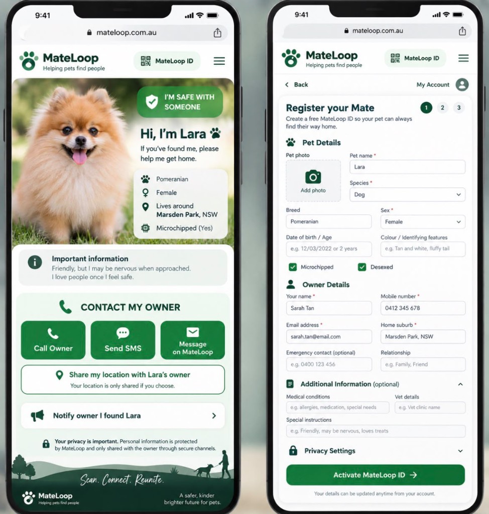 Phone mockups of a MateLoop pet profile after scanning a tag, and the register-your-mate flow