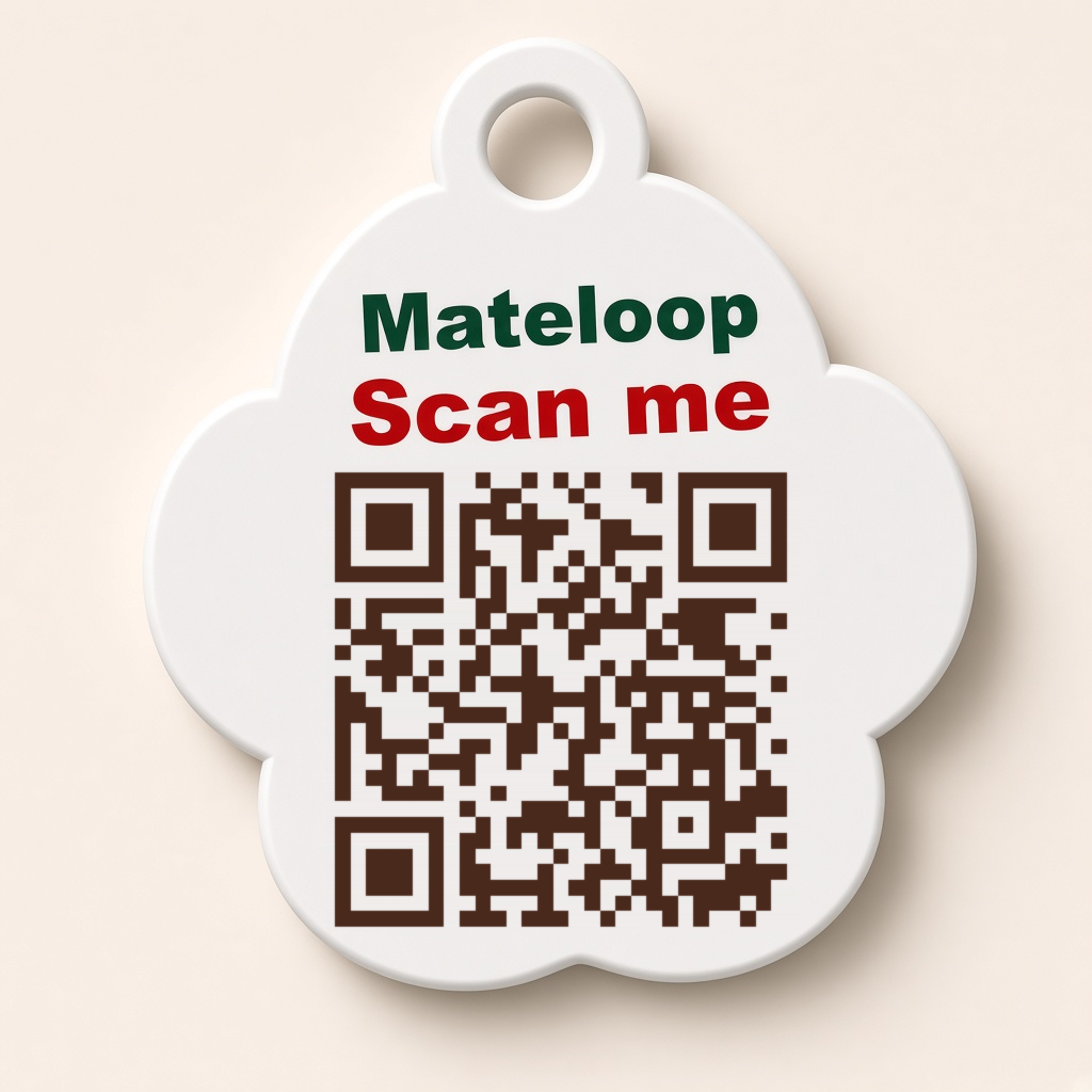 MateLoop ID tag back — Mateloop branding, Scan me text, and QR code