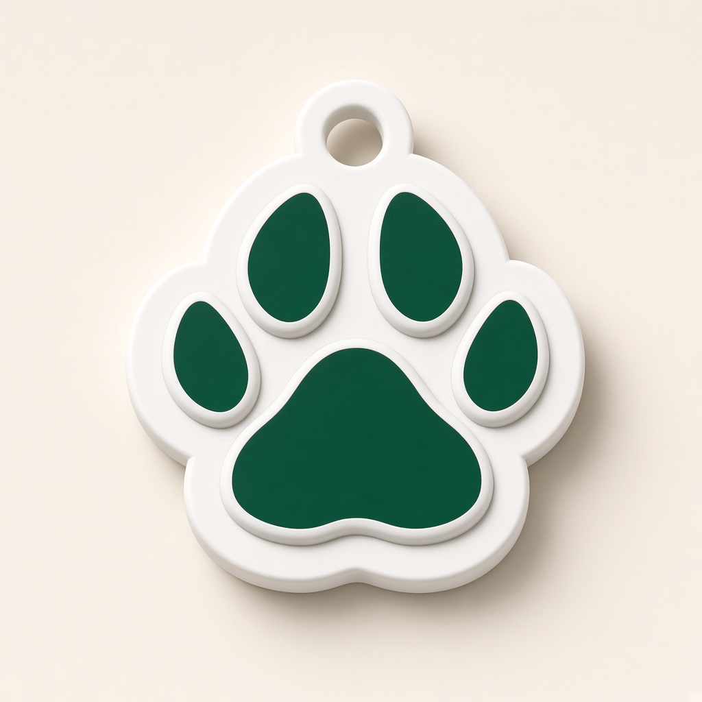 MateLoop ID tag front — white paw shape with green pads and collar loop